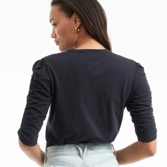 Veronica Beard Waldorf Ruched-Sleeve Slub T-Shirt Navy SMALL - Picture 3 of 7